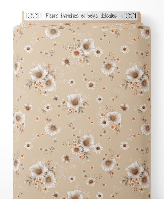 Tissu - Fleurs blanches et beige délicates