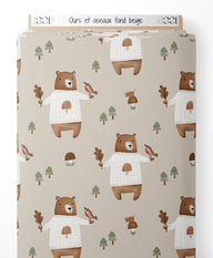 Tissu - Ours et oiseaux sur fond beige