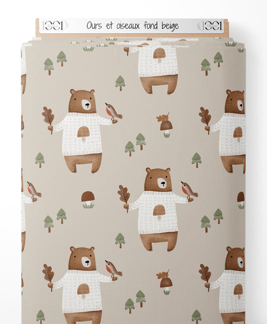 Tissu - Ours et oiseaux sur fond beige
