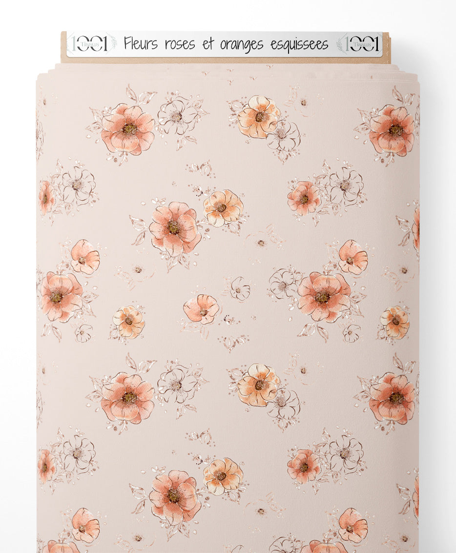 Tissu - Fleurs roses et oranges esquissées