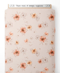 Tissu - Fleurs roses et oranges esquissées