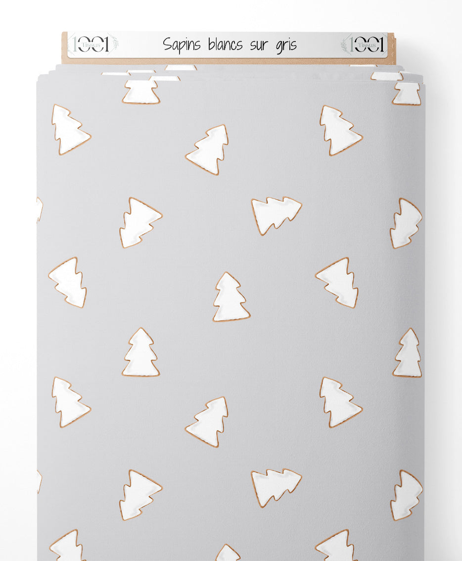 Tissu - Sapins blancs sur gris
