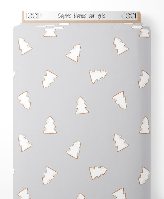 Tissu - Sapins blancs sur gris