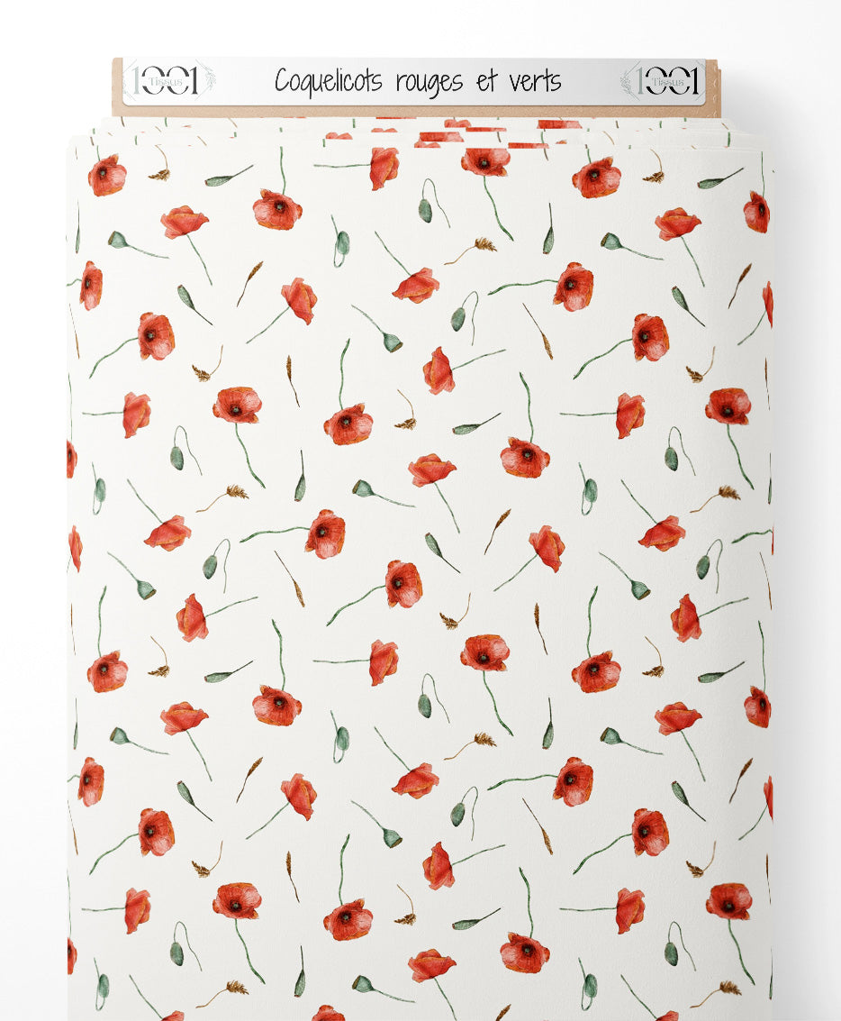Tissu - Coquelicots rouges et verts