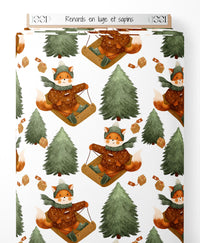 Tissu - Renards en luge et sapins