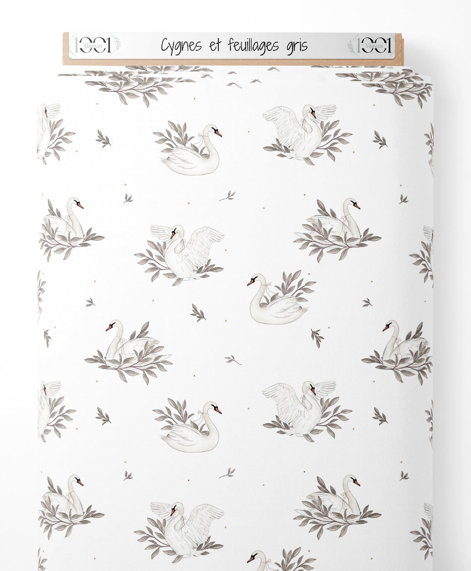 Tissu - Cygnes et feuillages gris