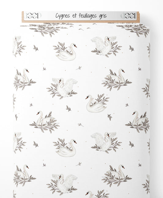Tissu - Cygnes et feuillages gris