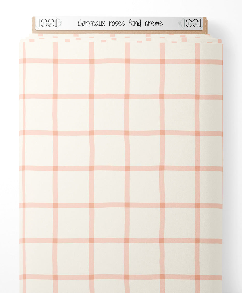 Tissu - Carreaux roses sur fond crème