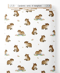 Tissu - Capybaras variés et nénuphars