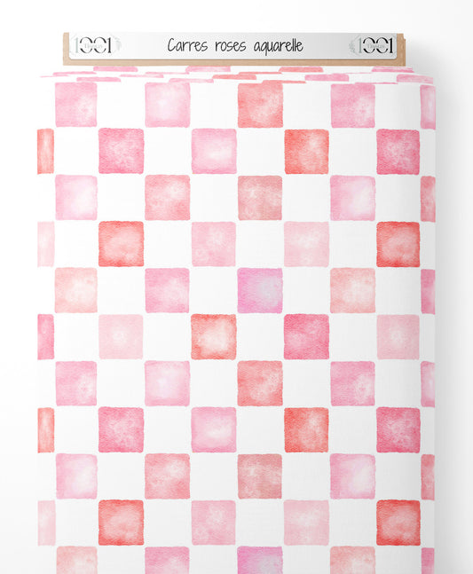 Tissu - Carrés roses aquarelle