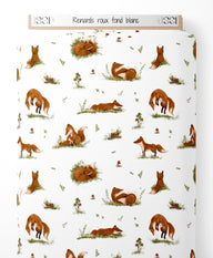 Tissu - Renards roux sur fond blanc