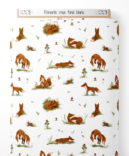 Tissu - Renards roux sur fond blanc