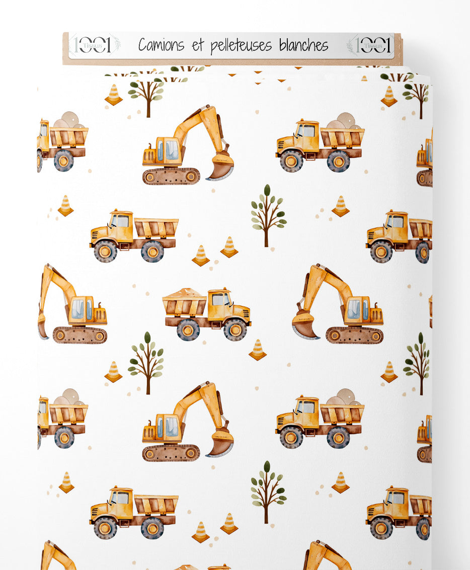 Tissu - Camions et pelleteuses blanches