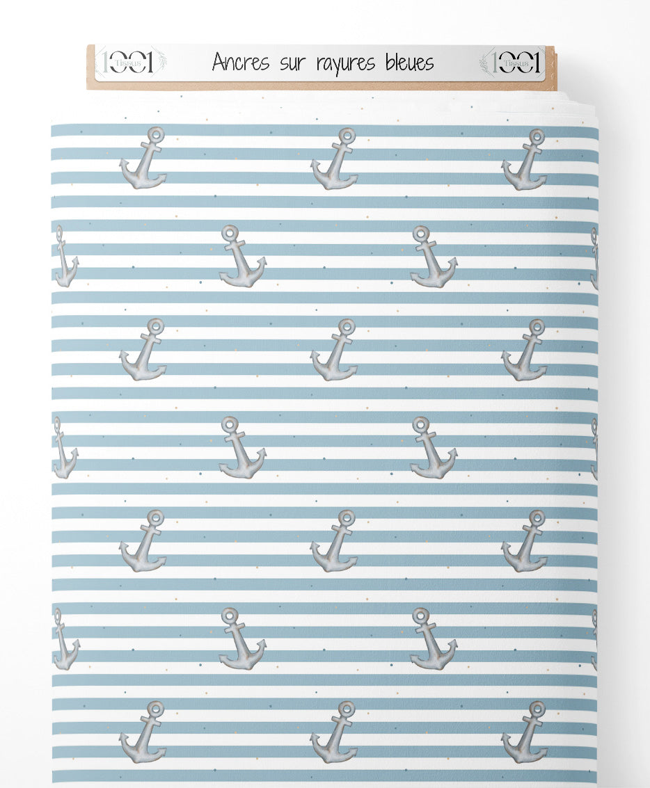 Tissu - Ancres sur rayures bleues