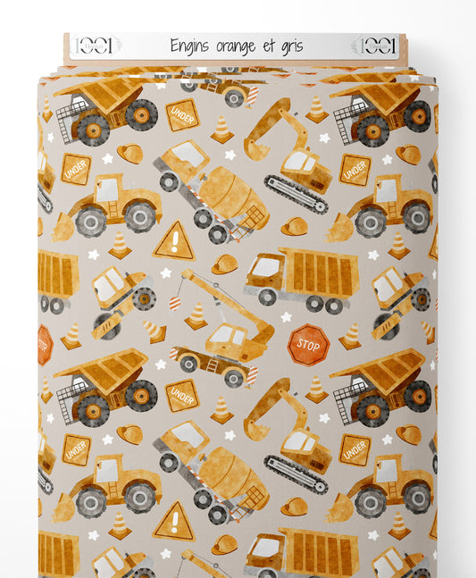 Tissu - Engins orange et gris