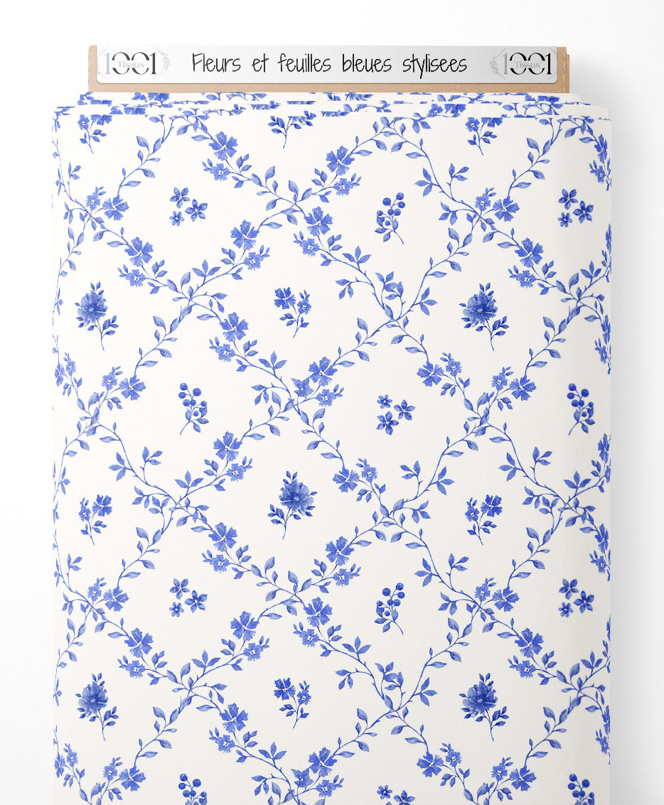 Tissu - Fleurs et feuilles bleues stylisées