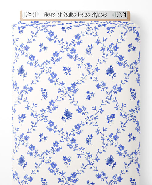 Tissu - Fleurs et feuilles bleues stylisées