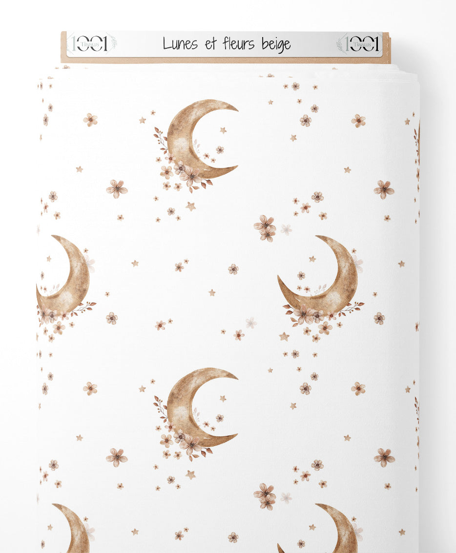 Tissu - Lunes et fleurs beige