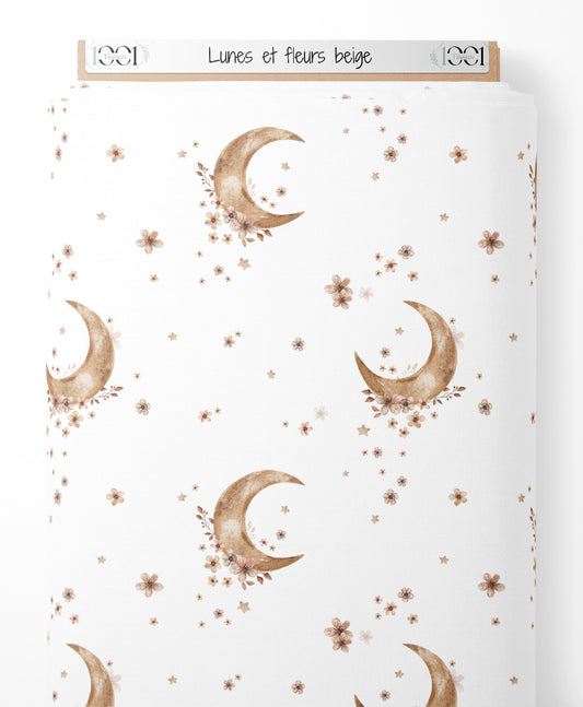Tissu - Lunes et fleurs beige