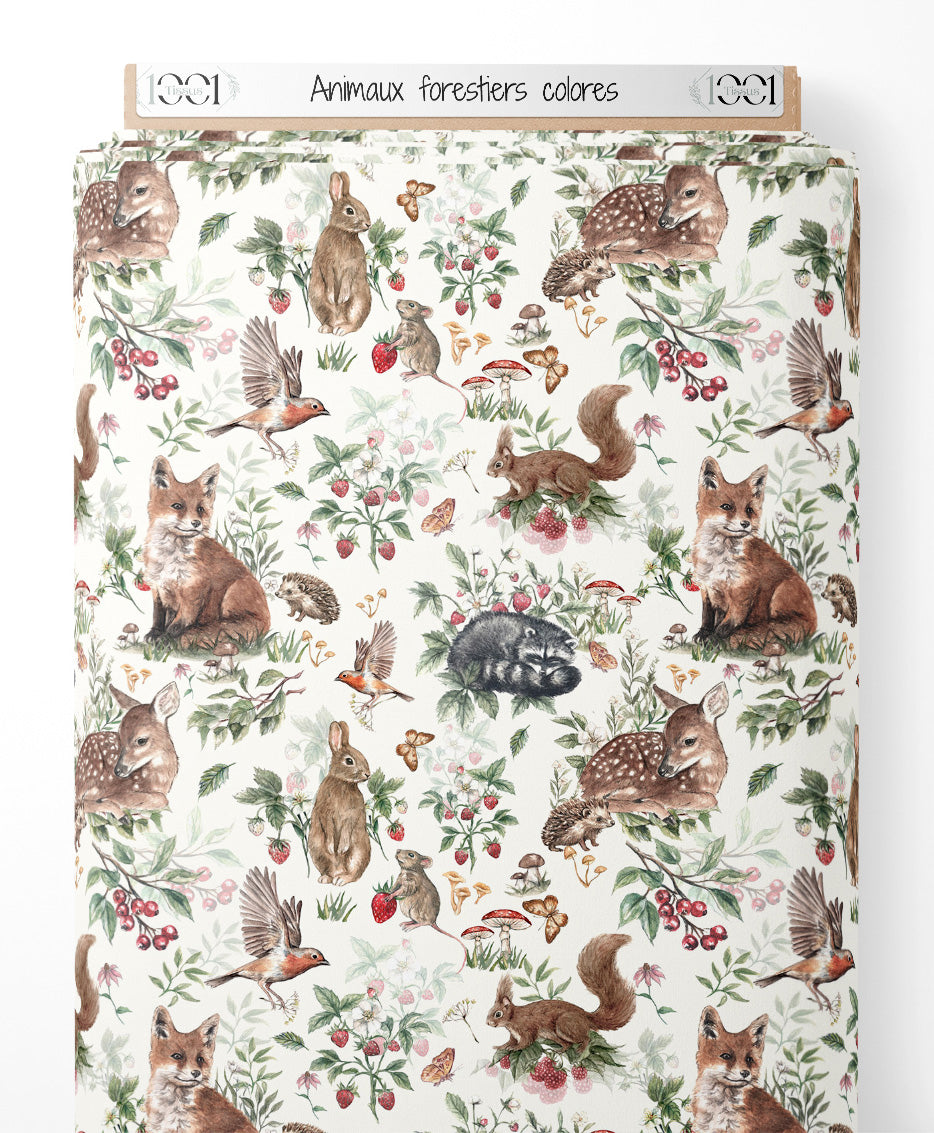 Tissu - Animaux forestiers colorés