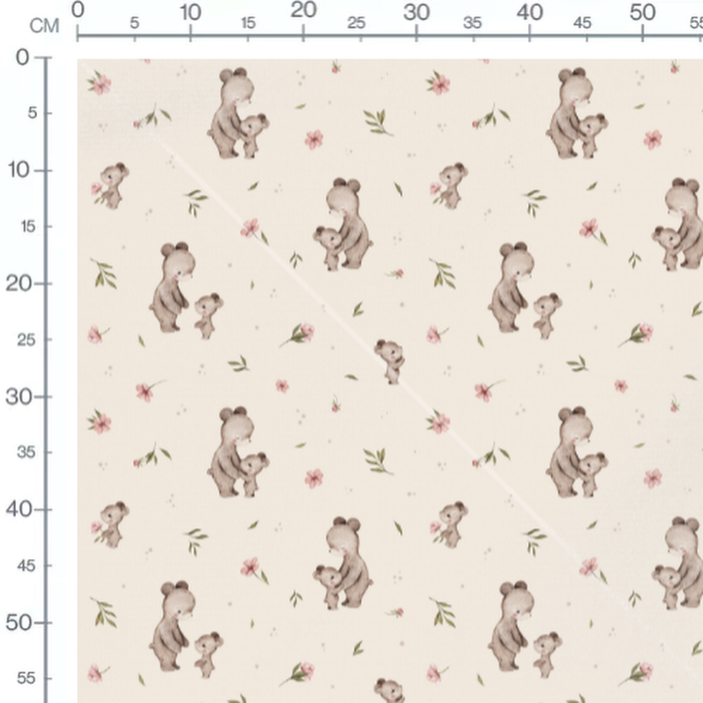 Tissu - Ours bruns et fleurs roses crème