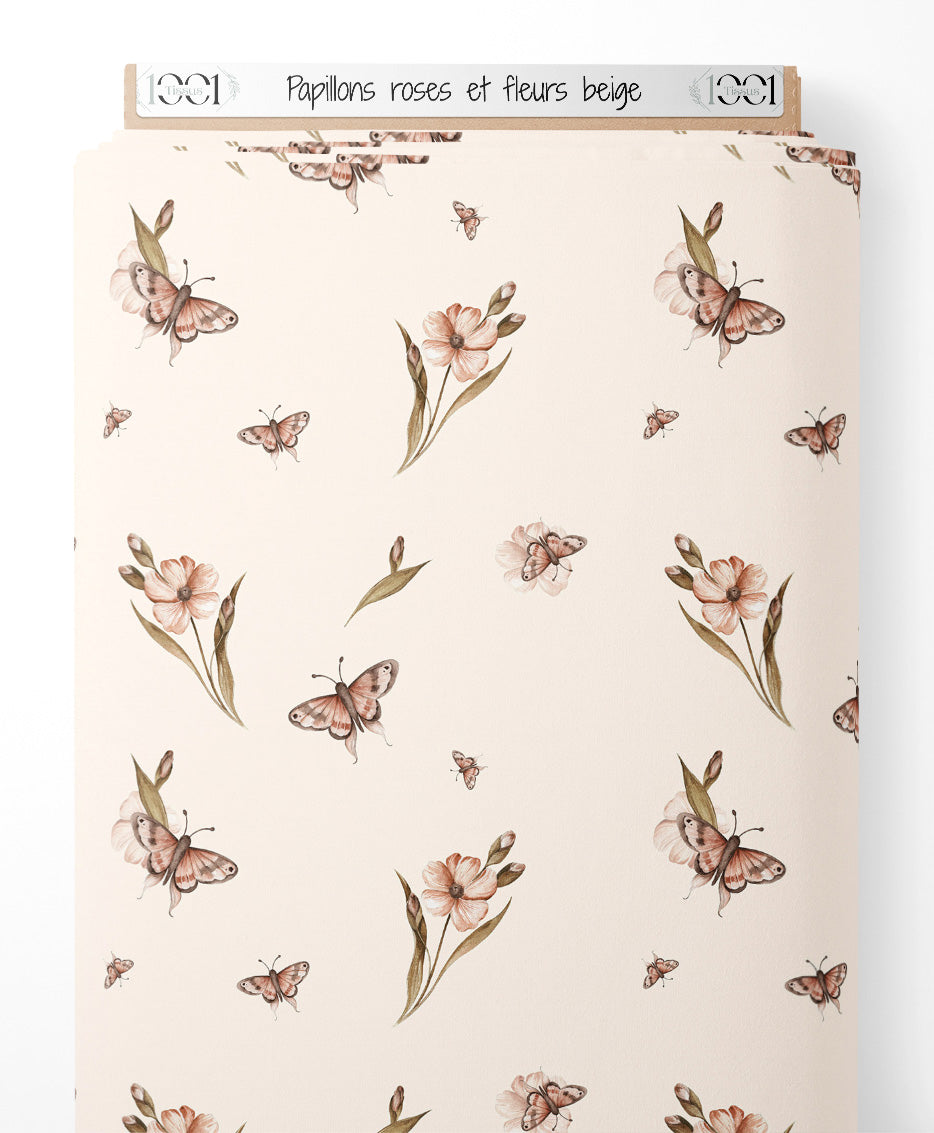 Tissu - Papillons roses et fleurs beige