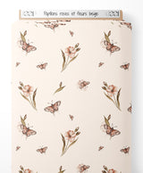 Tissu - Papillons roses et fleurs beige
