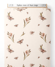 Tissu - Papillons roses et fleurs beige