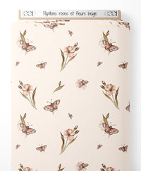 Tissu - Papillons roses et fleurs beige