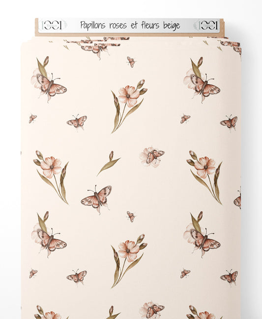 Tissu - Papillons roses et fleurs beige