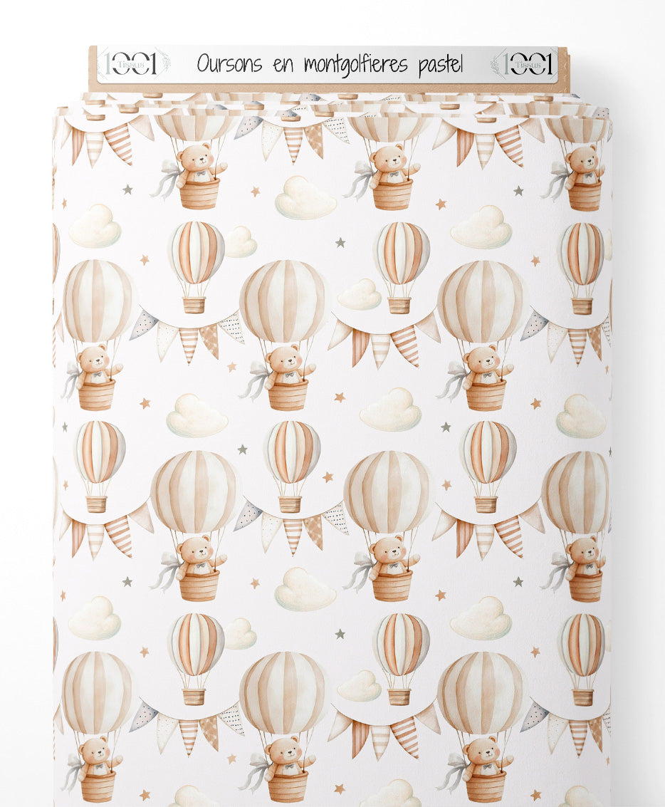 Tissu - Oursons en montgolfières pastel