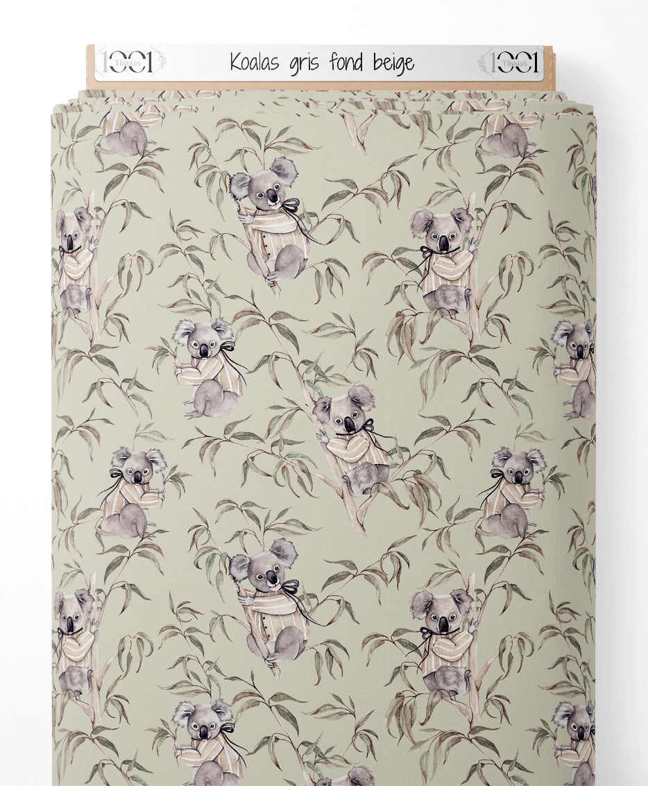 Tissu - Koalas gris sur fond beige
