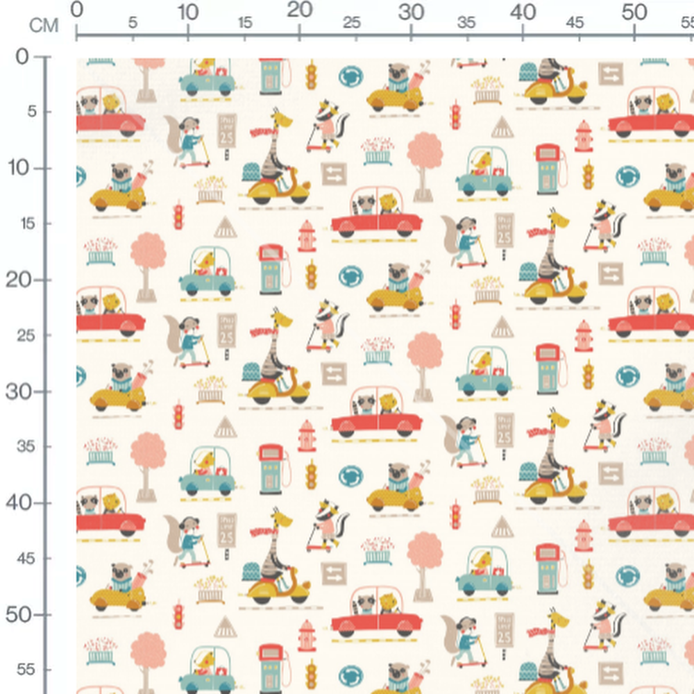 Tissu - Animaux sur route crème