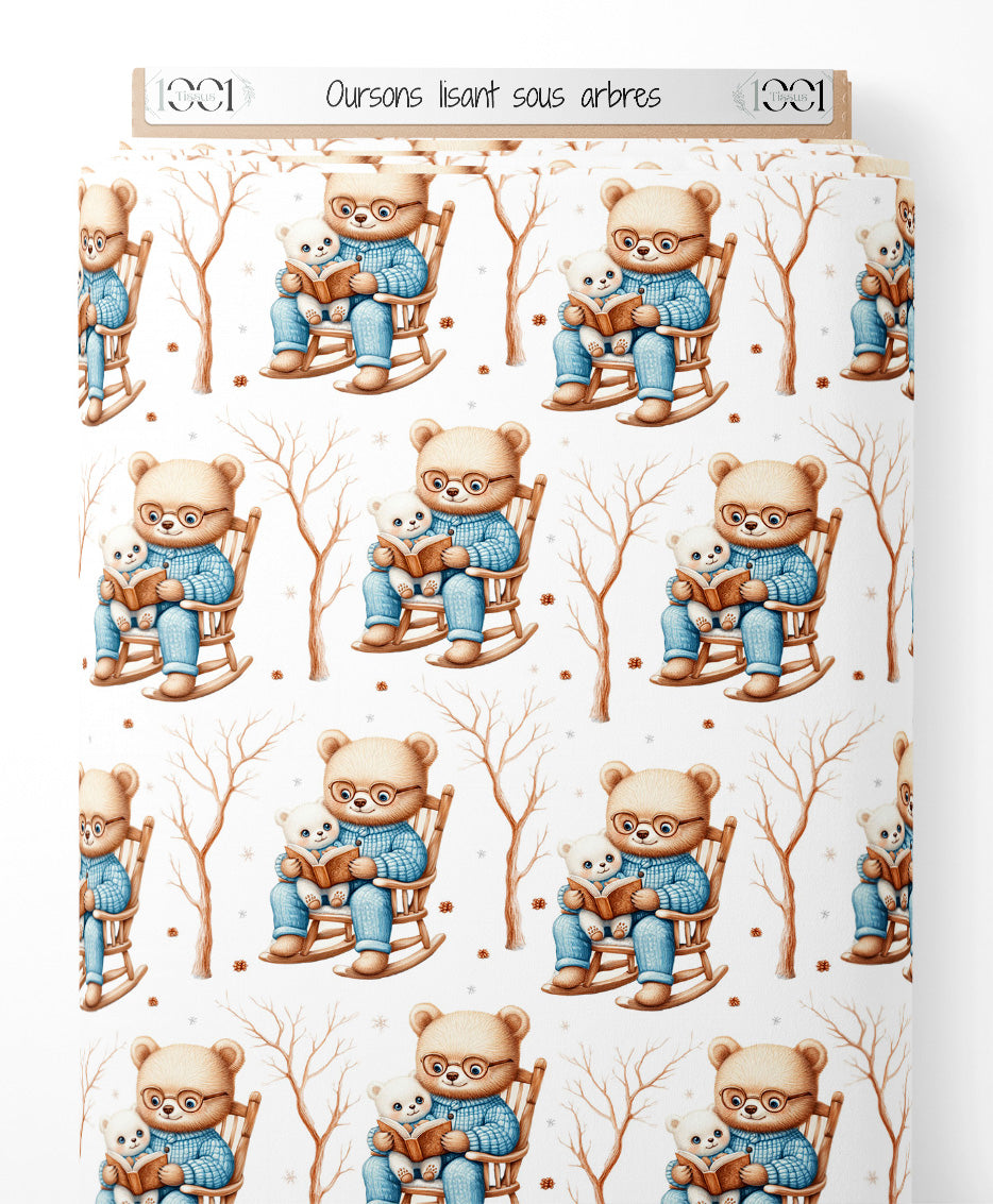 Tissu - Oursons lisant sous arbres