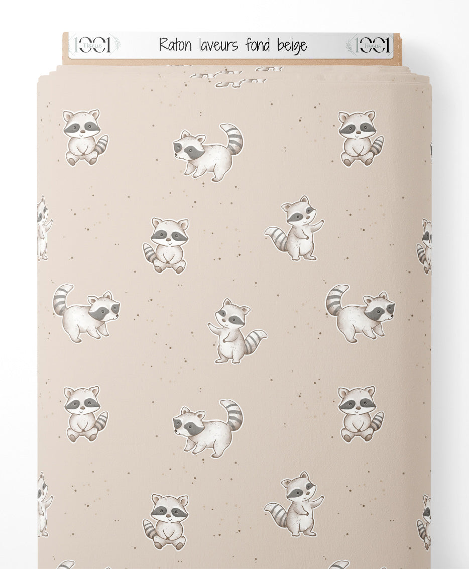 Tissu - Raton laveurs sur fond beige