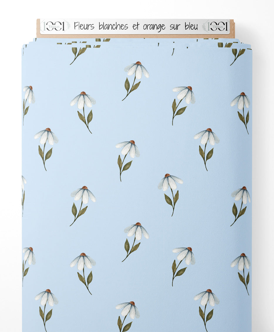 Tissu - Fleurs blanches et orange sur bleu