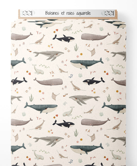 Tissu - Baleines et raies aquarelle