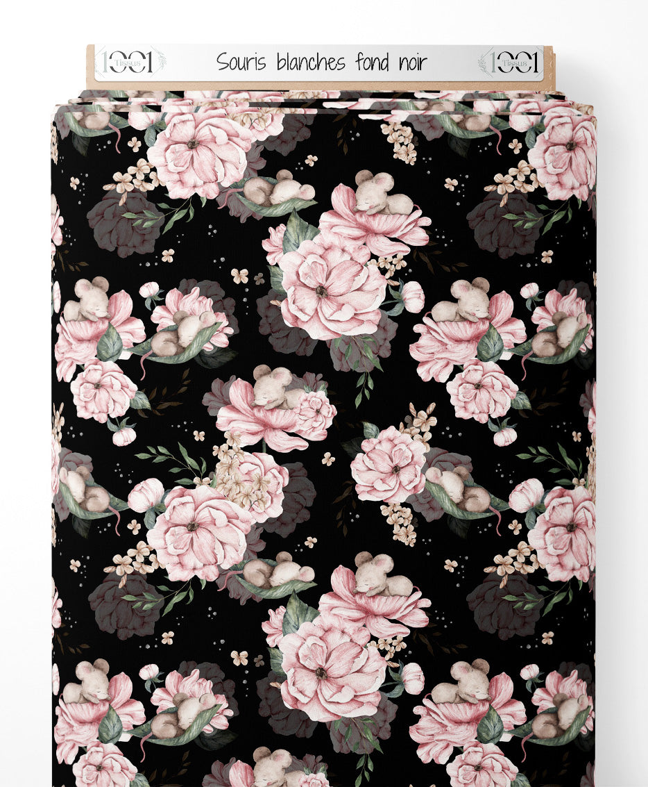 Tissu - Souris blanches sur fond noir