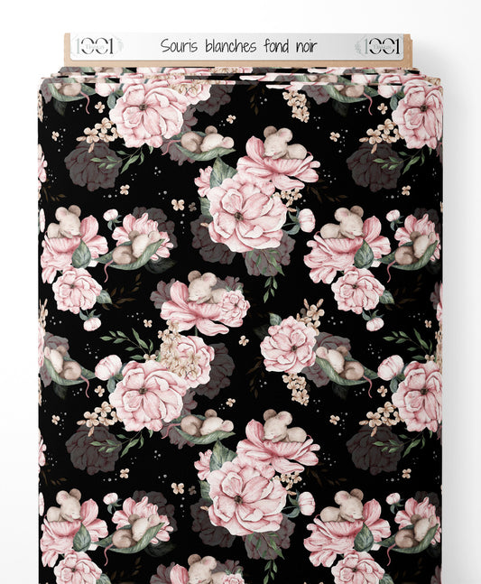 Tissu - Souris blanches sur fond noir