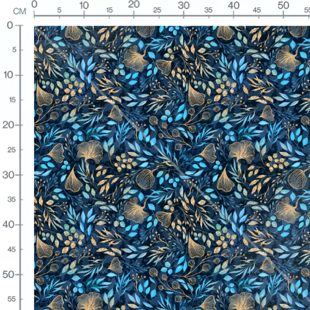 Tissu - Fleurs et baies dorées et bleues