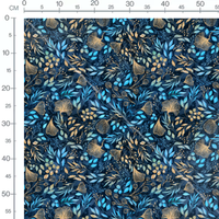 Tissu - Fleurs et baies dorées et bleues