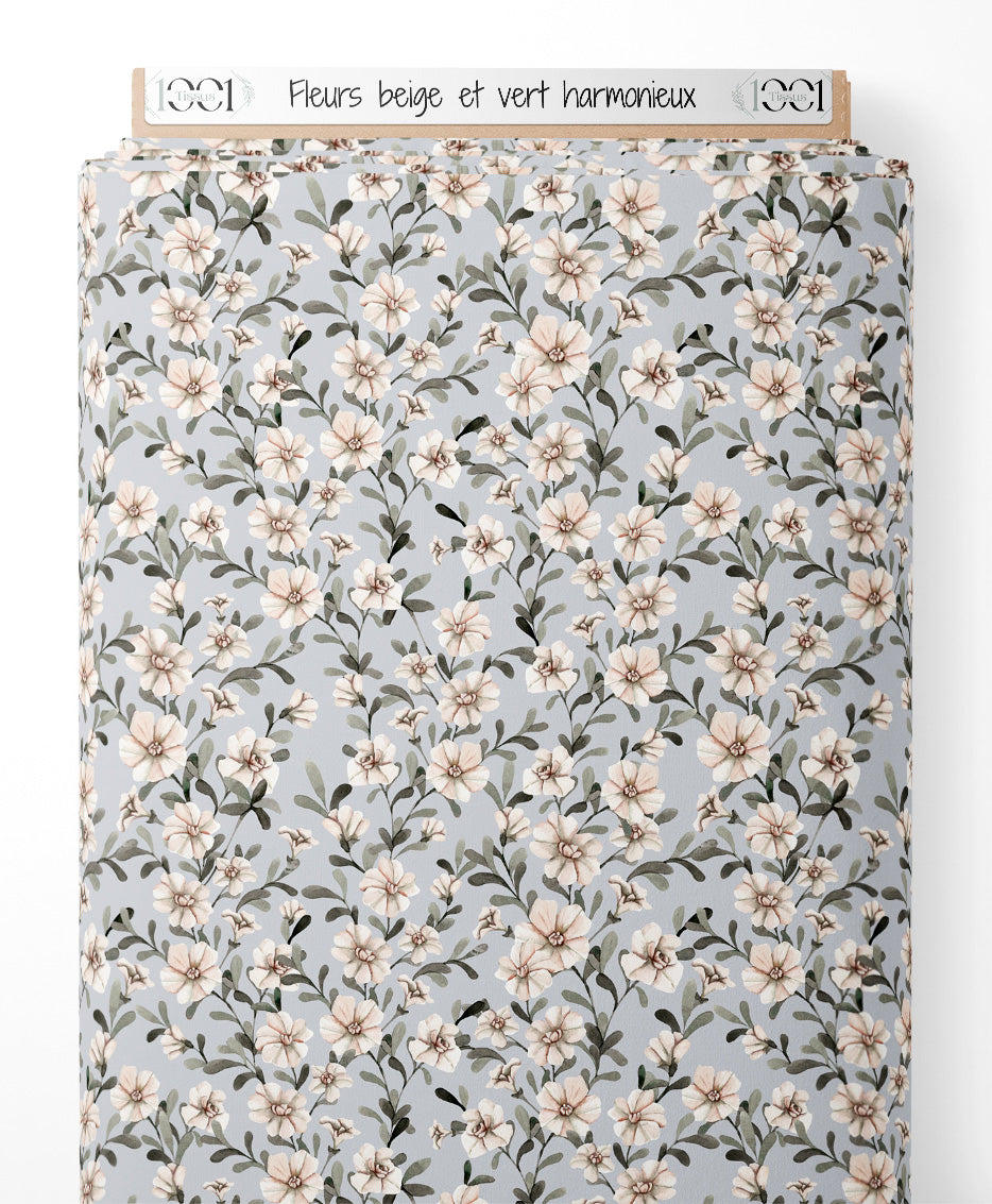 Tissu - Fleurs beige et vert harmonieux