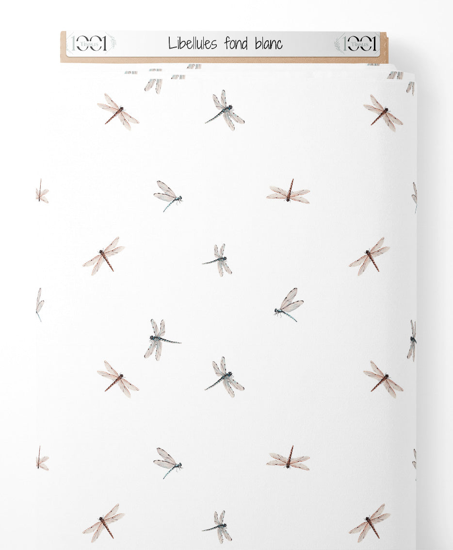 Tissu - Libellules sur fond blanc
