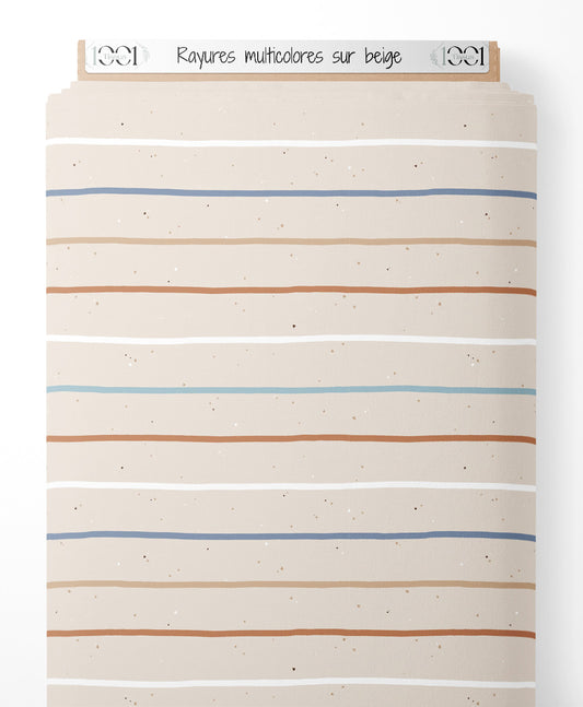 Tissu - Rayures multicolores sur beige