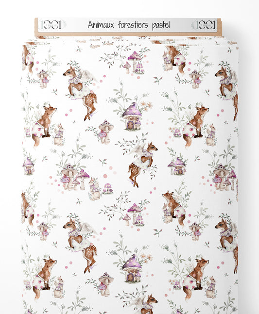 Tissu - Animaux forestiers pastel