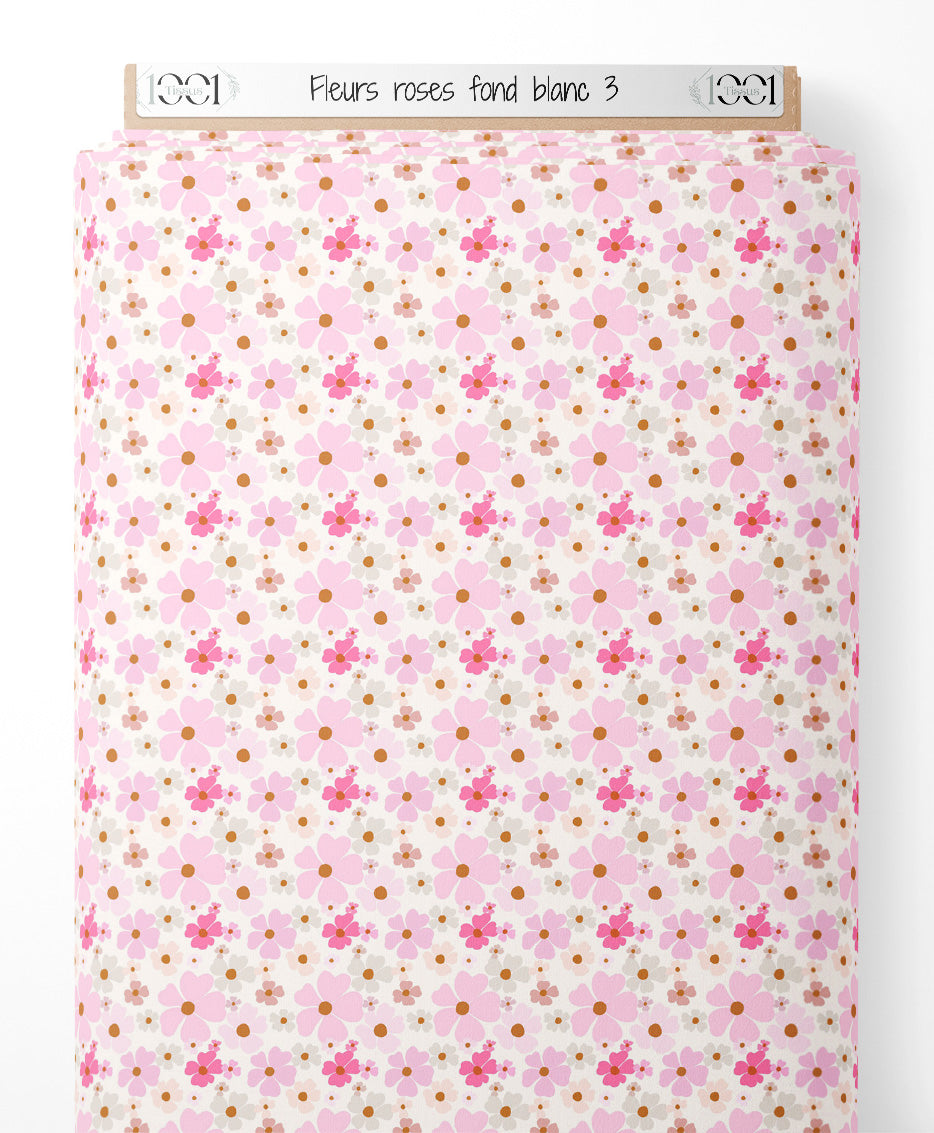 Tissu - Fleurs roses sur fond blanc 3