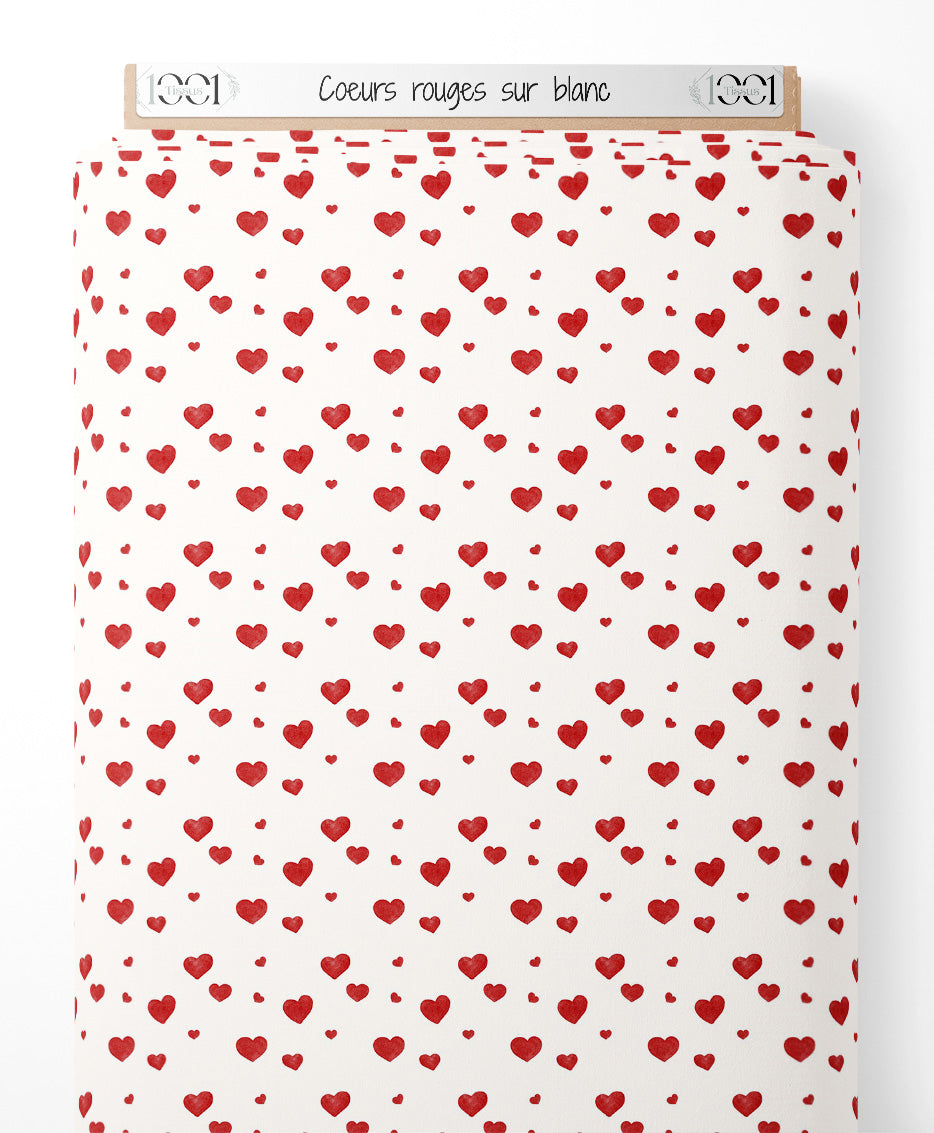 Tissu - Cœurs rouges sur blanc