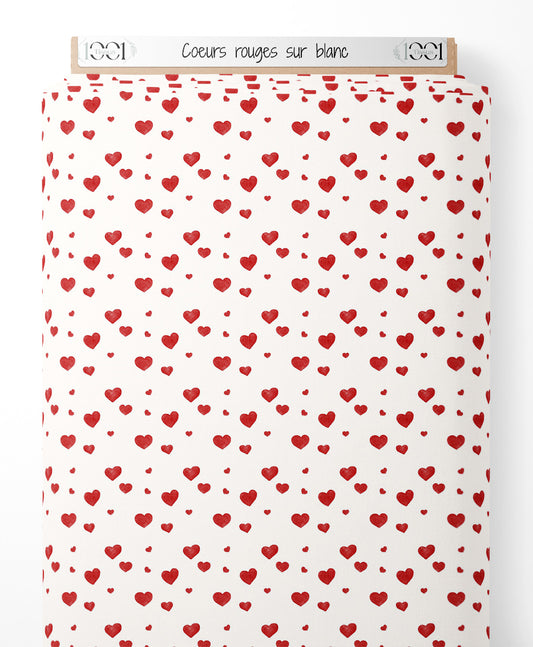 Tissu - Cœurs rouges sur blanc