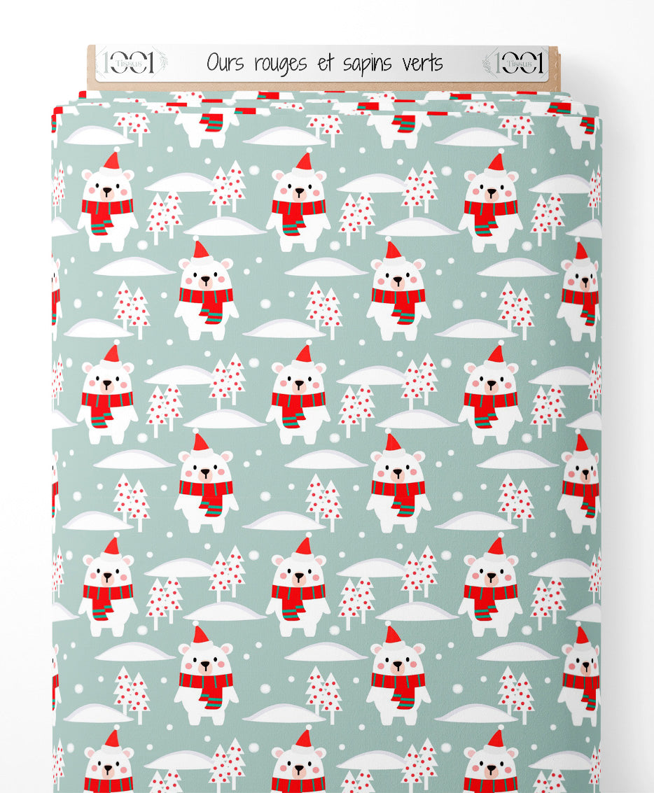 Tissu - Ours rouges et sapins verts