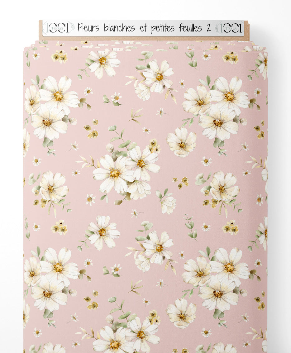 Tissu - Fleurs blanches et petites feuilles 2